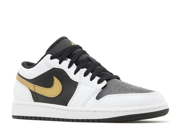 Jordan 1 Low White Black Metallic Gold Swoosh Front
