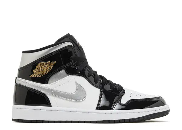 Jordan 1 Mid SE Patent Black White Metallic Silver Metallic Gold Side