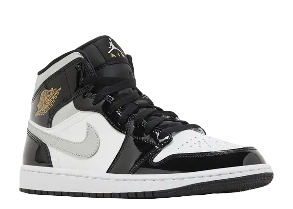 Jordan 1 Mid SE Patent Black White Metallic Silver Metallic Gold Front