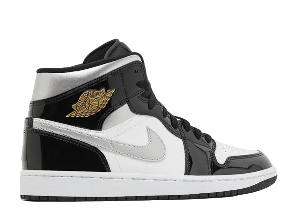 Jordan 1 Mid SE Patent Black White Metallic Silver Metallic Gold Back