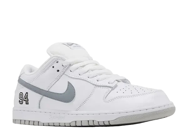 Nike SB Dunk Low Supreme White Metallic Silver Front