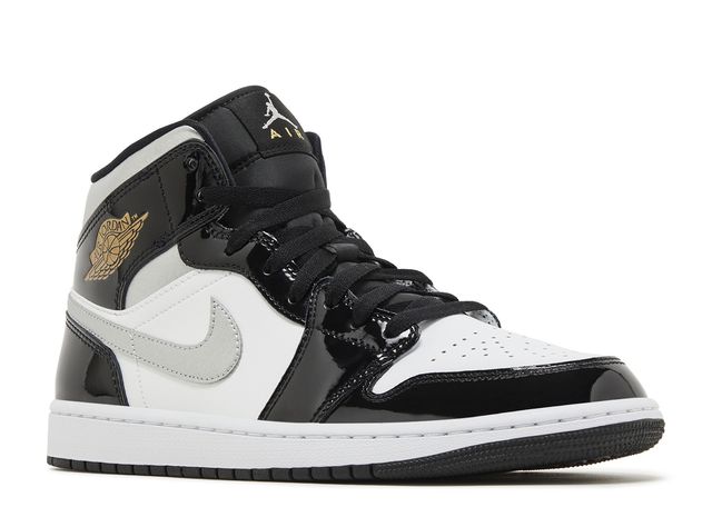 Jordan 1 Mid SE Patent Black White Metallic Silver Metallic Gold Front